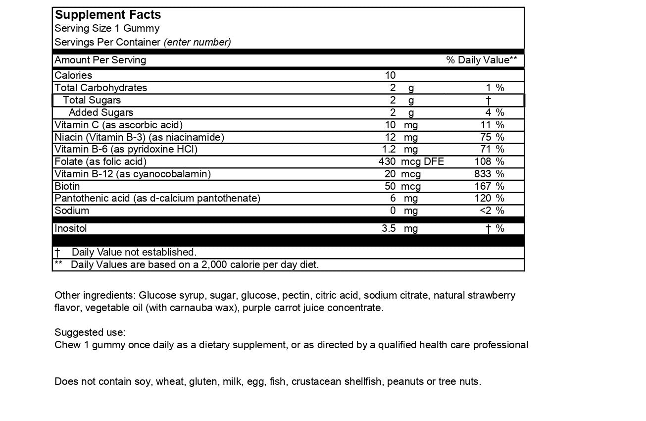 B Complex 2g Gummy, Vitamin C, B-6 and B-12, Folate, Biotin, Inositol, Non- GMO, Vegetarian