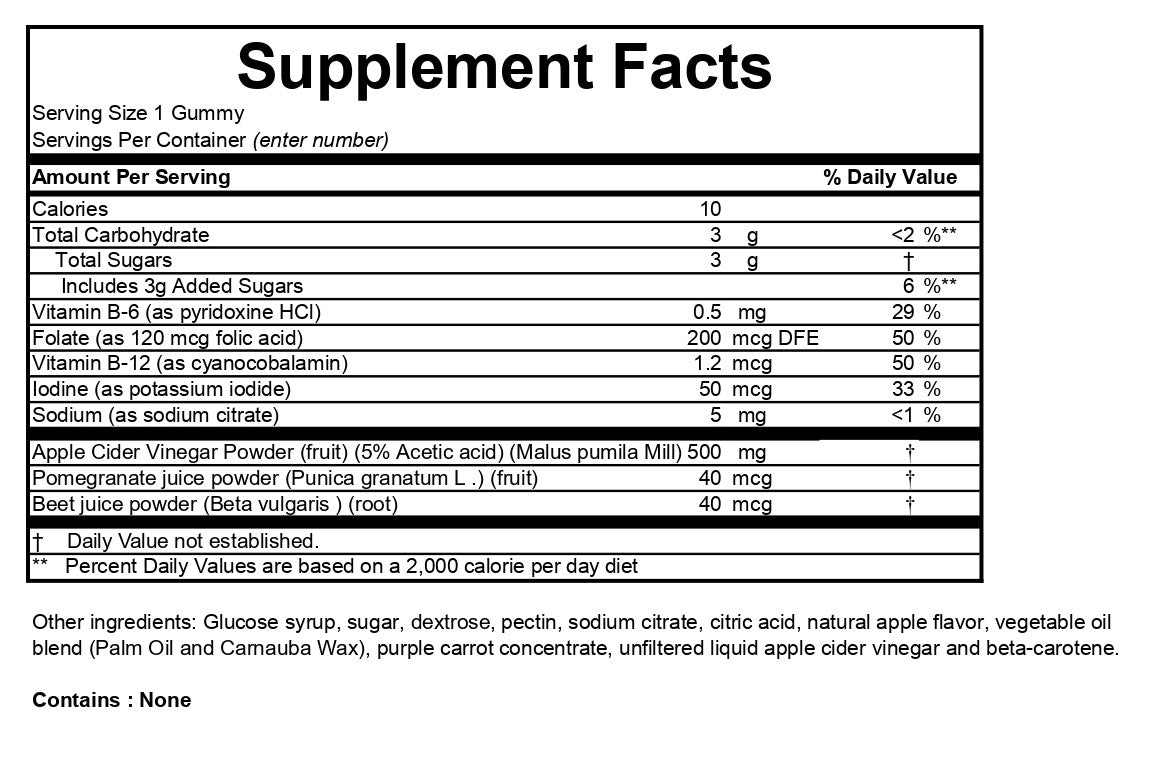 Pectin Apple Cider Vinegar Gummy, Vitamin B-6 and B-12, Folate, Iodine, Non- GMO, Vegetarian