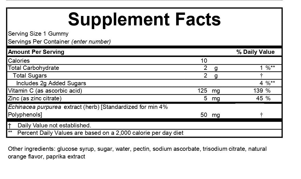 Vitamin C, Zinc and Echinacea Gummy, 3g, Natural Orange Flavor, Non- GMO, Vegetarian