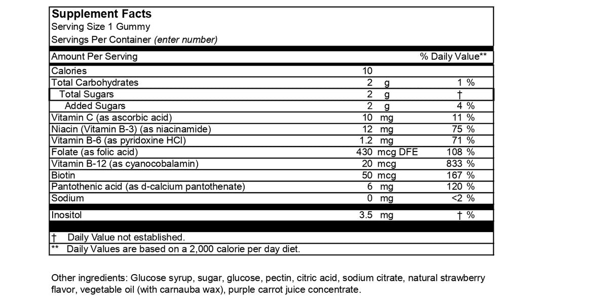 B Complex 2g Gummy, Vitamin C, B-6 and B-12, Folate, Biotin, Inositol ...