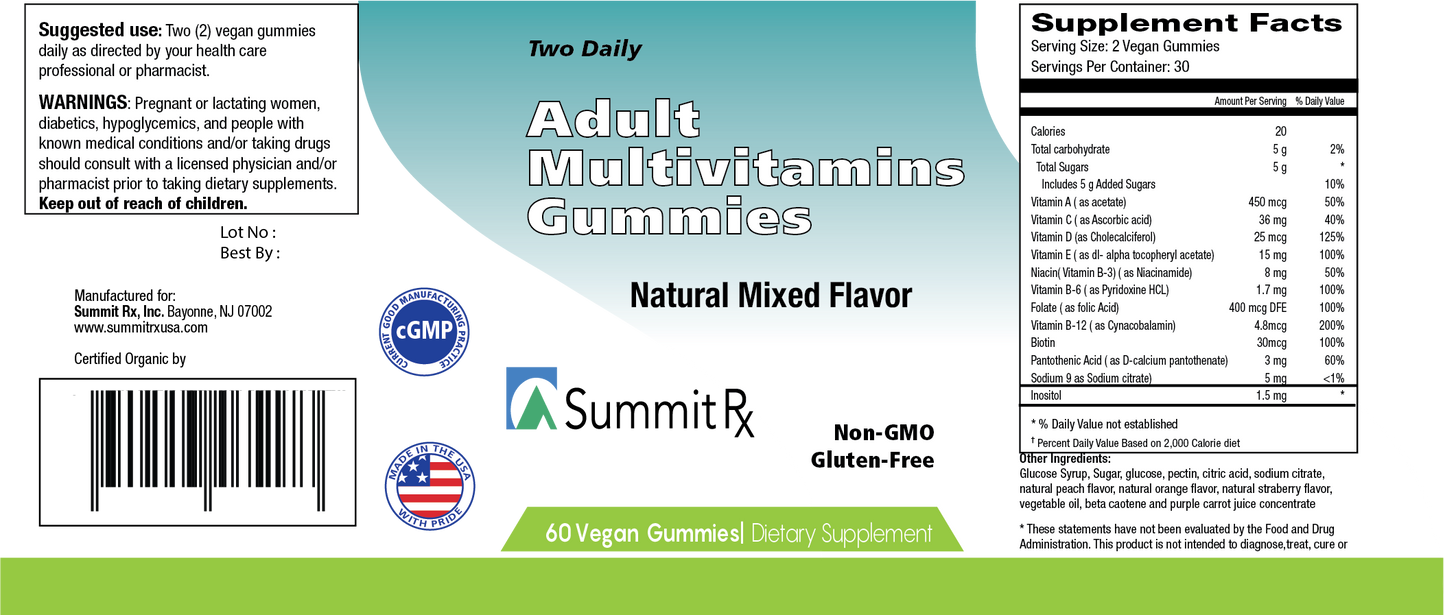 Adult Multivitamin Gummy, 2.5g, Biotin, Folate, Pantothenic Acid, Inositol, Mixed Flavor, Non-GMO, Vegetarian