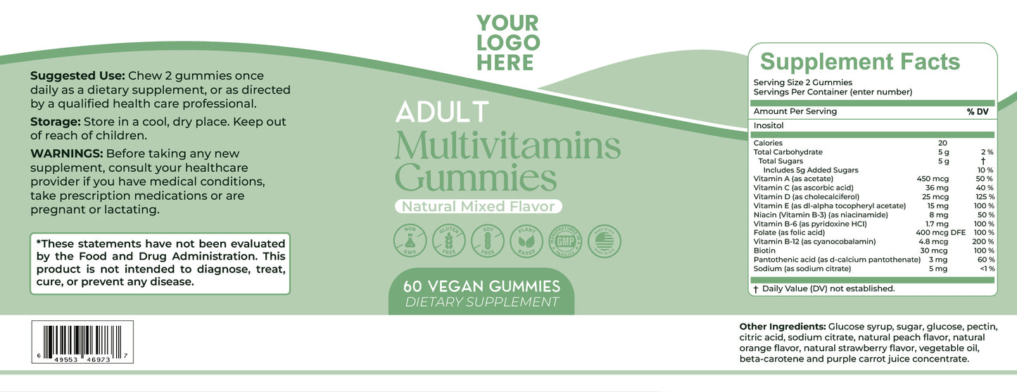 Adult Multivitamin Gummy, 2.5g, Biotin, Folate, Pantothenic Acid, Inositol, Mixed Flavor, Non-GMO, Vegetarian