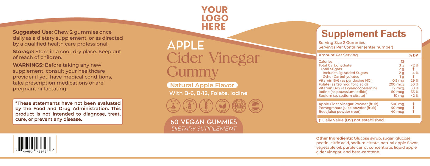 Apple Cider Vinegar Gummy, Vitamin B-6 and B-12, Folate, Iodine, Sodium, Non GMO, Vegetarian