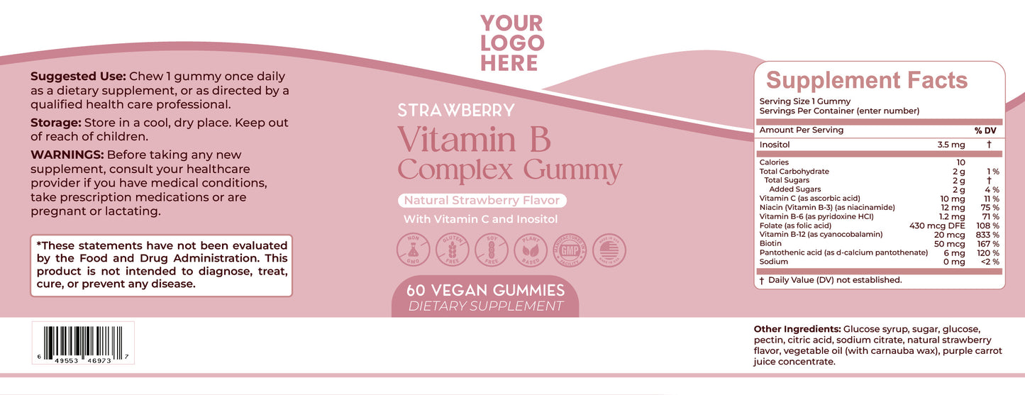 B Complex 2g Gummy, Vitamin C, B-6 and B-12, Folate, Biotin, Inositol, Non- GMO, Vegetarian