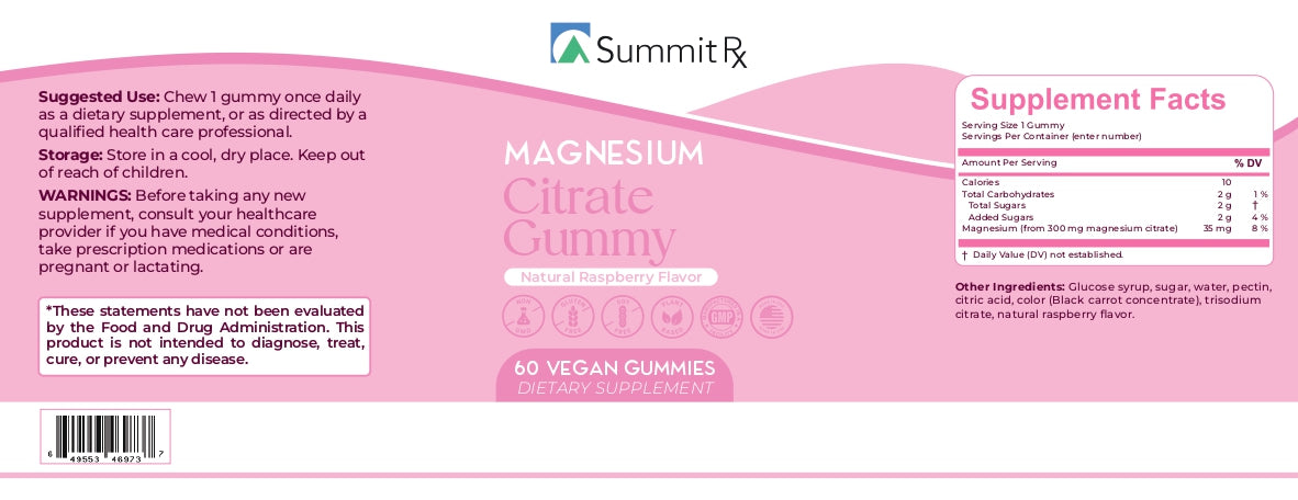 Magnesium Citrate 35mg Gummy, 3g, Natural Raspberry Flavor, Non- GMO, Vegetarian