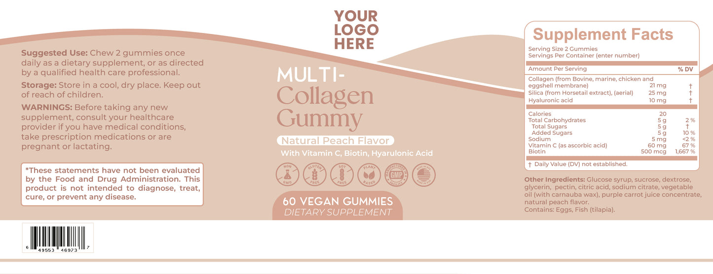 Multi-Collagen Gummy, 2.5g, Vitamin C, Biotin 500 mcg, Hyarulonic Acid, Peach Flavor