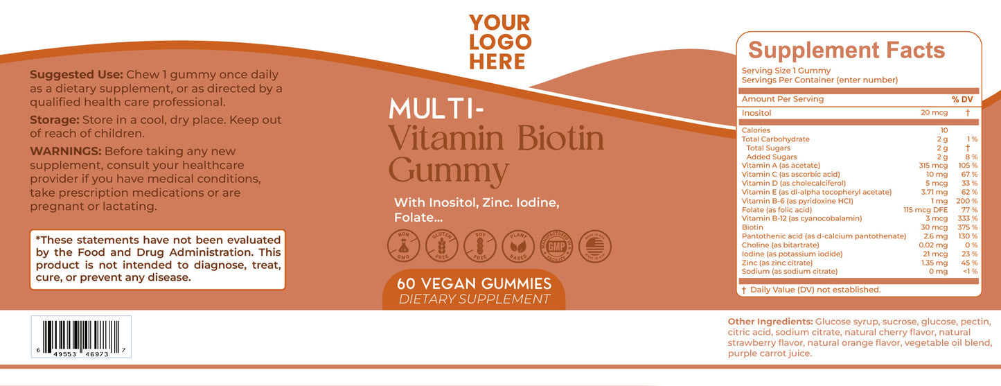 Multivitamin Biotin Gummy, Inositol, Zinc,  Iodine, Folate, Pantothenic Acid, Non- GMO, Vegetarian