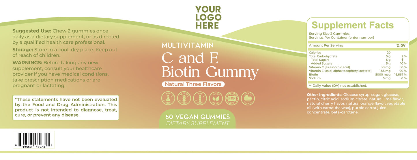 Multivitamin C and E Gummy, 2.5g, Biotin 5000mcg, Three flavors, Non-GMO, Vegetarian