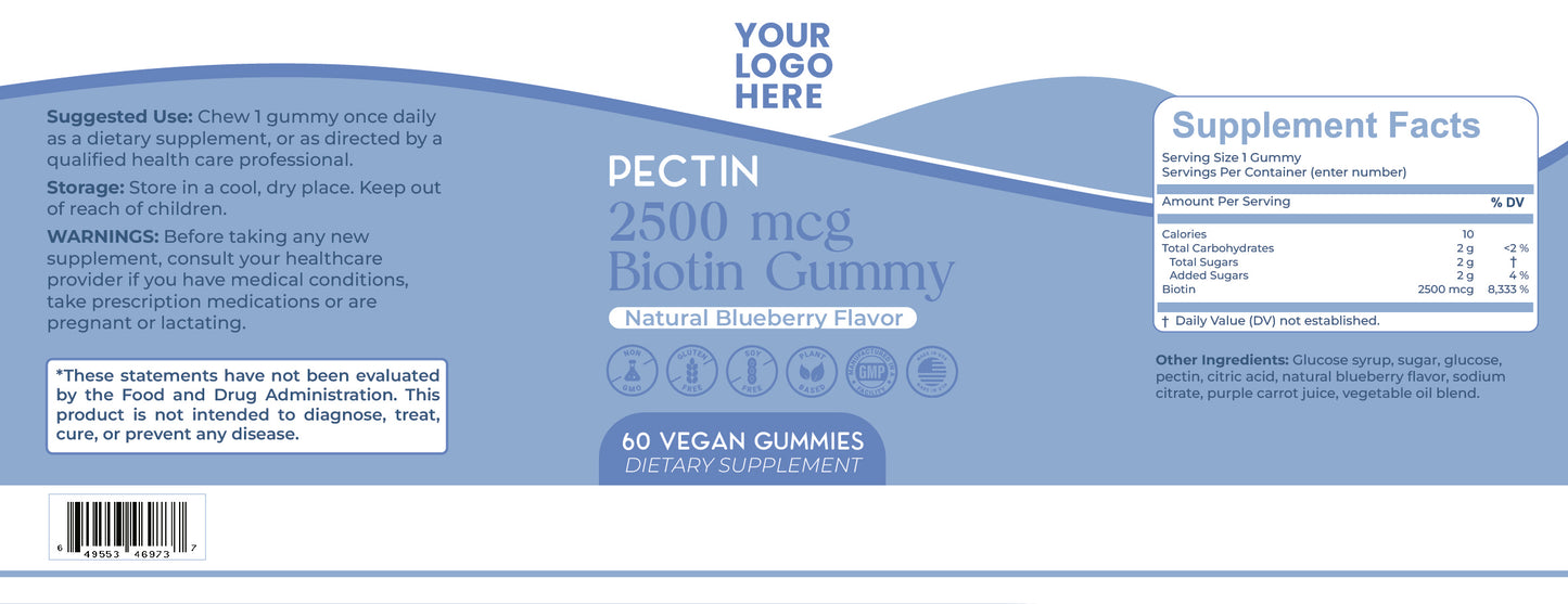 Pectin 2500mcg Biotin Gummy, 2.0g, Blueberry Flavor, Non- GMO, Vegetarian