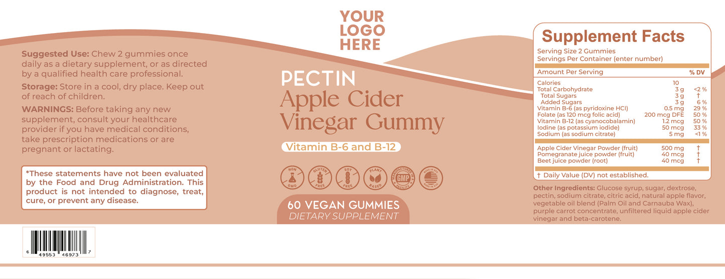 Pectin Apple Cider Vinegar Gummy, Vitamin B-6 and B-12, Folate, Iodine, Non- GMO, Vegetarian