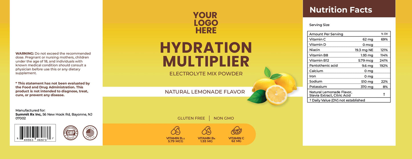 Hydration Multiplier - Vitamins (C,D,B8,B12), Niacin, Pantothenic Acid, Citric Acid & Natural Lemonade Flavor